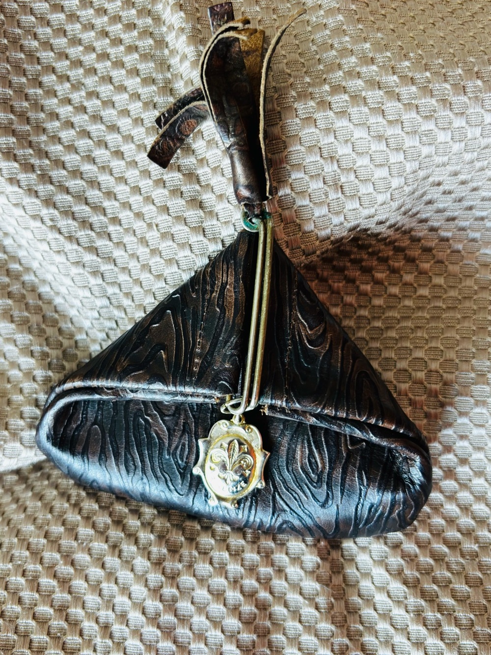 Italian Textured Leather Triangle Coin Case with Gold Fleur Closure